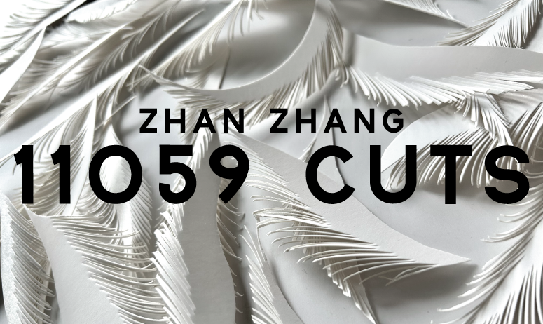 Image: Zhan Zhang, 11059 Cuts (detail), 2026; handcut Kraft paper, pins, projection. A text overlay reads Zhan Zhang 11059 Cuts.
