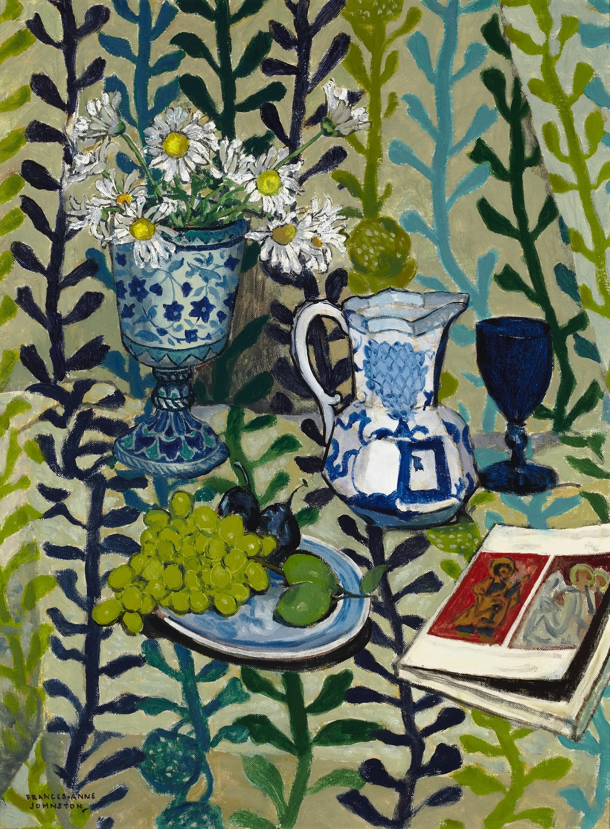 Oil painting of a vase with white flowers, water pitcher and goblet, plate with grapes, and a book