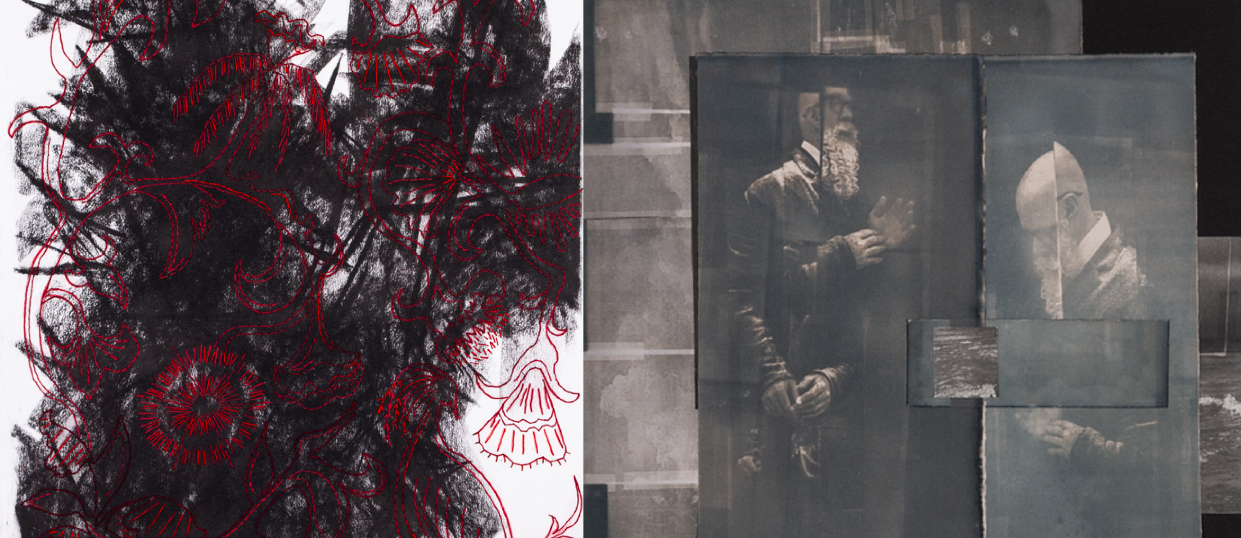 Left: Colleen Schindler, Of this I am sure - #2 (detail), 2024; charcoal and stitching on paper   Right: Grahame Lynch, Lost Signals, 2024; collage with oxidized cyanotypes, silver-gelatin prints, ink and graphite