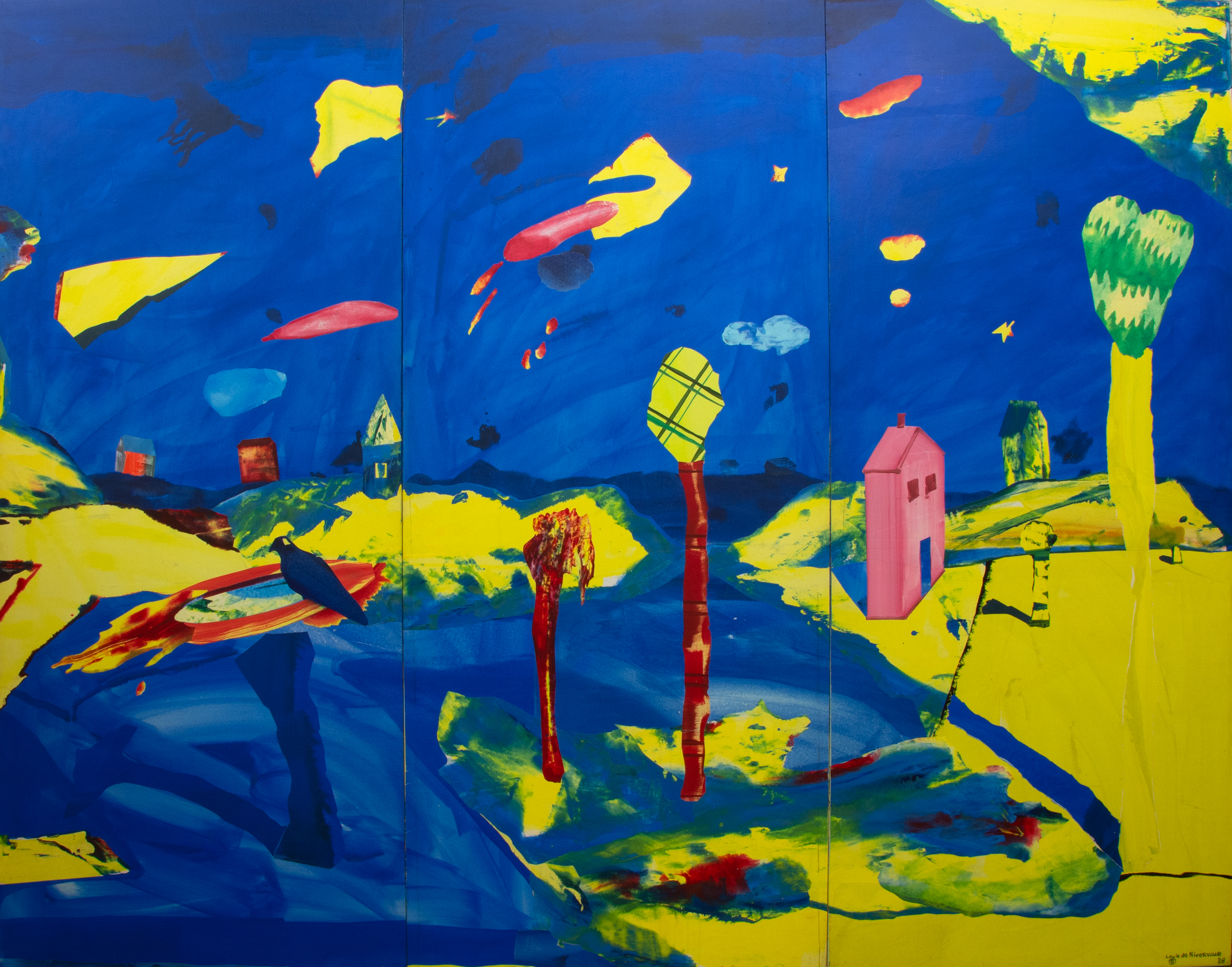Louise de Niverville, A Long View, 1988; acrylic collage on plywood. From the collection of the Judith & Norman Alix Art Gallery. Gift of the artist.