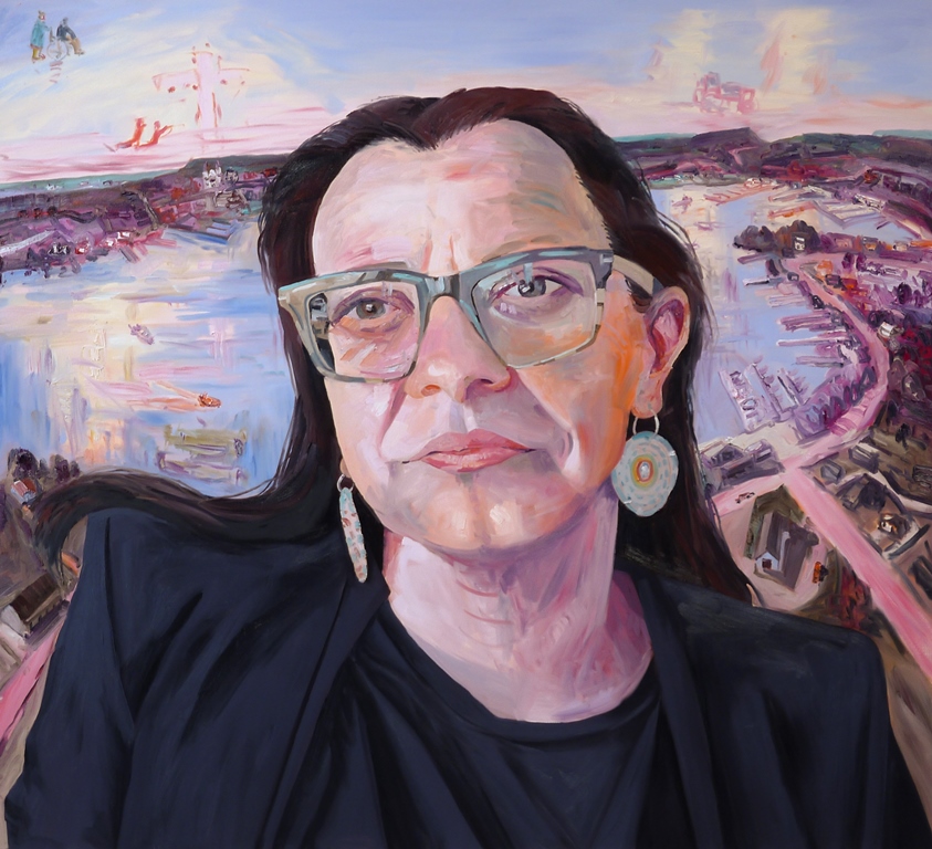Oil painting of woman with long brown hair and glasses in front of a pink, purple and blue abstract background