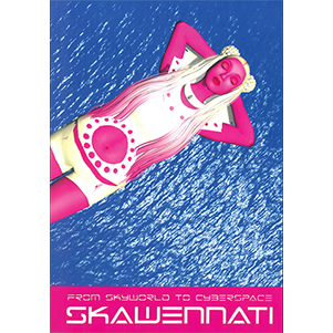 Pink avatar with blonde hair floating on water. Text overlay From Skyworld to Cyberspace Skawennati