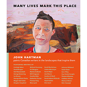 Oil painting of a man with brown hair and blue eyes standing in front of a rocky landscape. Text overlay Many Lives Mark This Place John Hartman