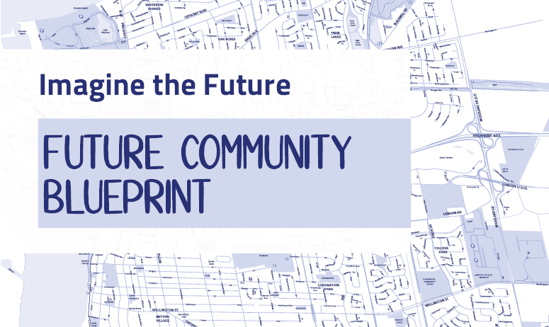 Blueprint of Lambton County. Text overlay "Imagining the future: Future Community Blueprint"