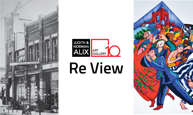 Split Screen Black and white photograph of the judith and Norman Alix Art Gallery and colourful abstract photo of people dancing. Text overlay Re View