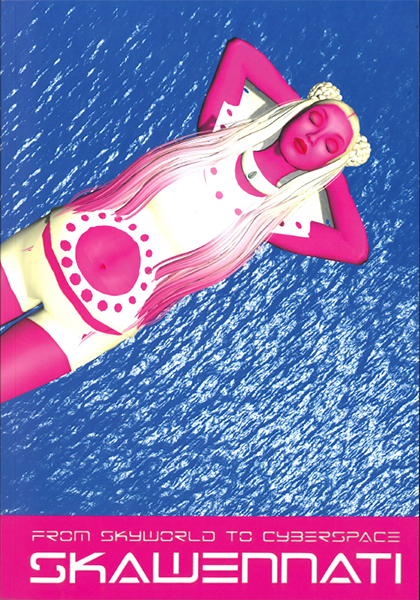 Pink avatar with blonde hair floating on water. Text overlay From Skyworld to Cyberspace Skawennati