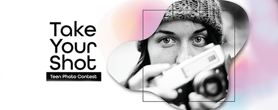 Image of a woman holding a camera. text overlay: Take your Shot Teen Photo Contest
