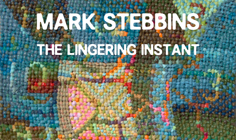 Mark Stebbins, Clock (November), 2025; acrylic on burlap on wood panel. White bubble text overlay reads "Mark Stebbins The Lingering Instant".