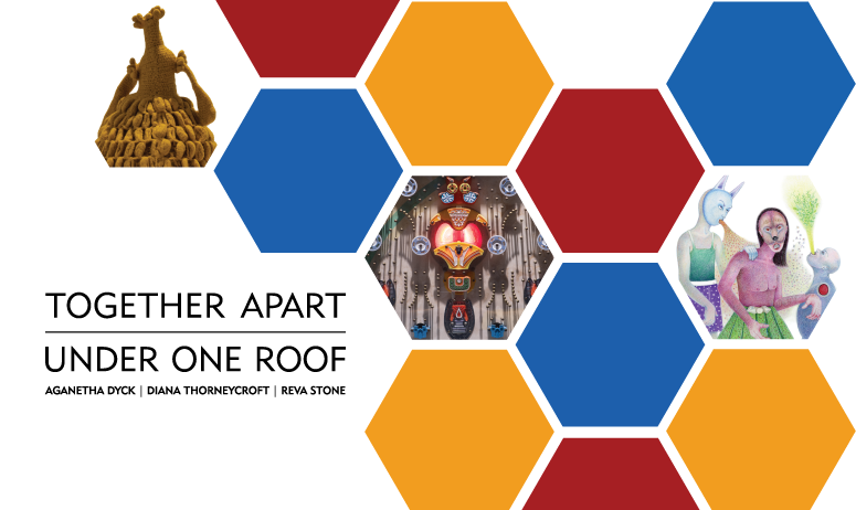 Together Apart Under One Roof exhibition graphic with colorful hexagons and artwork images.