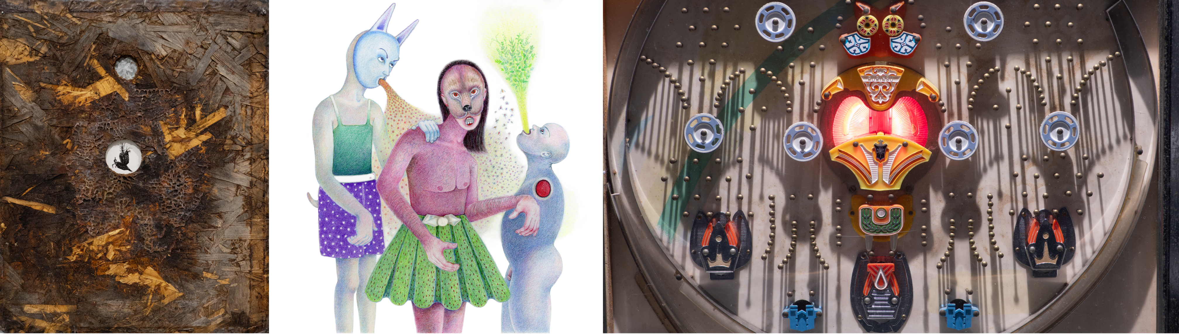 Three artistic images. From left to right: Left to right:  Aganetha Dyck, Feeder Boards, 1990-; wood, beeswax, black ink drawing on paper Diana Thorneycroft, Jens and His Friends, 2021; colour pencil crayon and ribbon, on paper Reva Stone, Pachinko, 2015; mixed media: Pachinko machine, Pachinko balls, Plexi shields, embedded Foxconn computer, HDMI screen, custom software, motor, custom pulley device, Arduino board and rotary encoder 