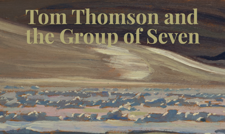 A zoom in of an A.Y. Jackson painting with the Exhibiton title "Tom Thomson and the Group of Seven" layered over top.