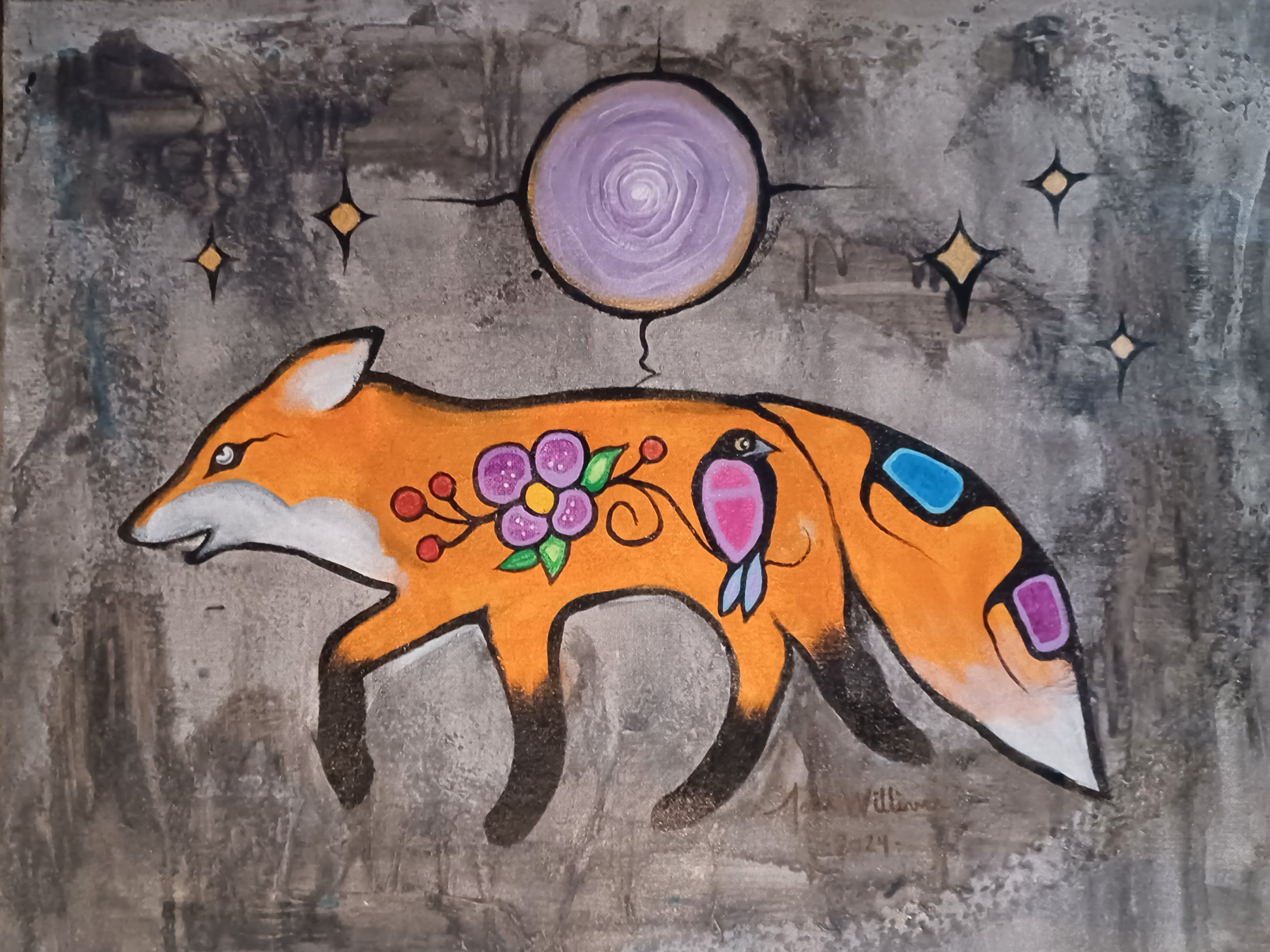 A painting of a red fox on a grey background done by artist John Williams