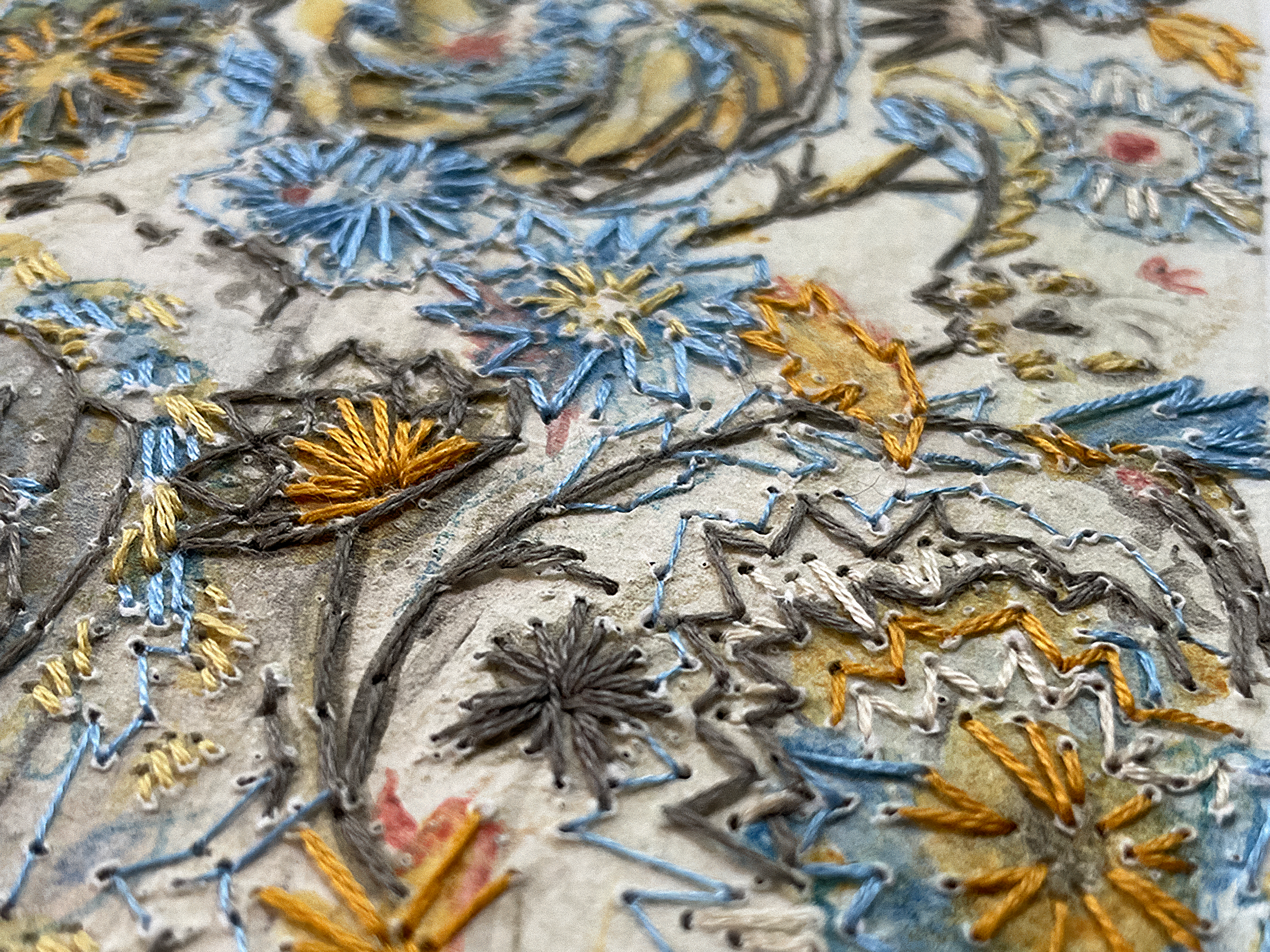 Close-up of embroidered textile featuring intricate blue, gold, and gray floral patterns.