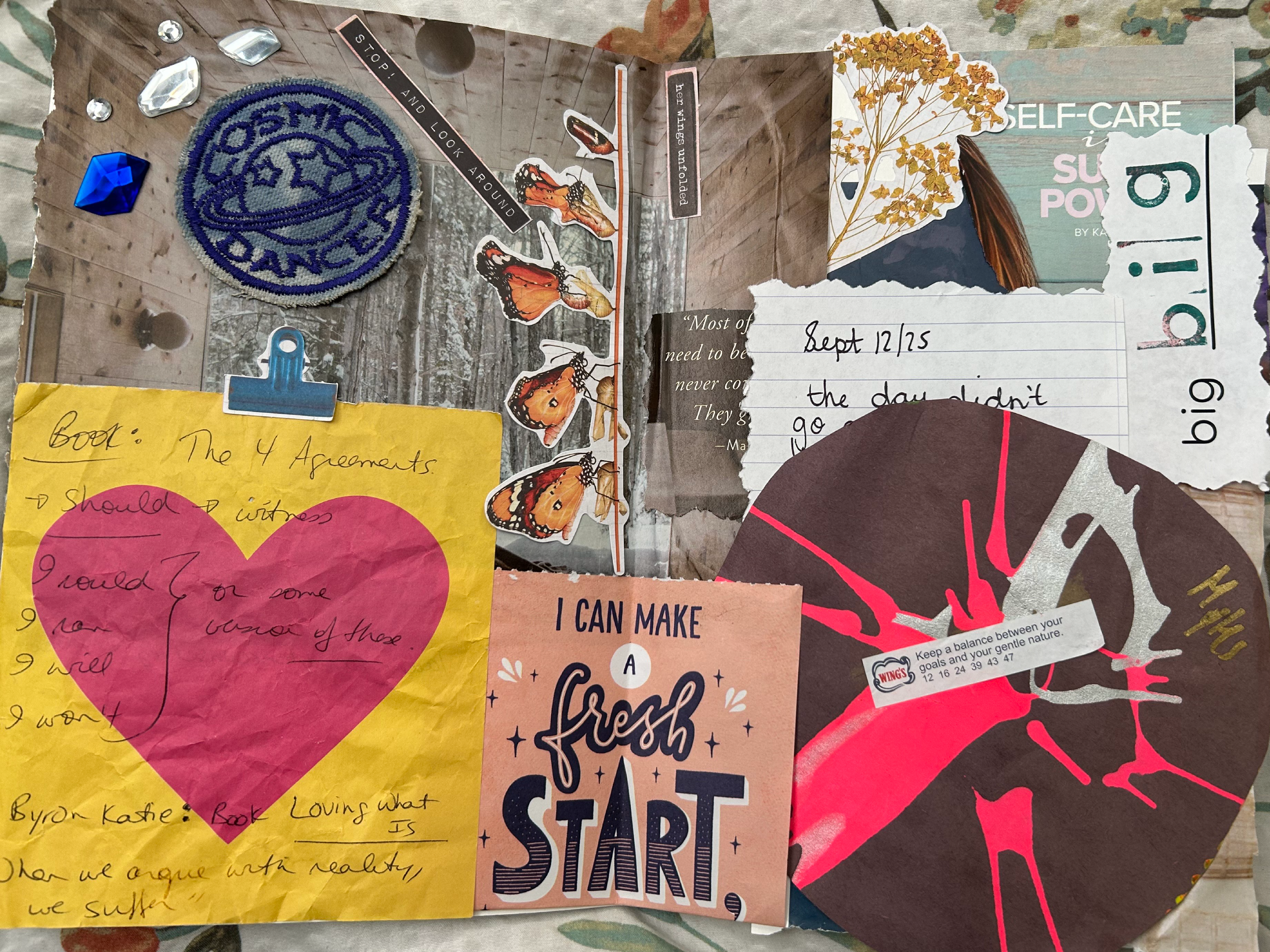 A collage-style journal page filled with handwritten notes, cut‑out images, stickers, drawings, and decorative paper pieces arranged across an open notebook.
