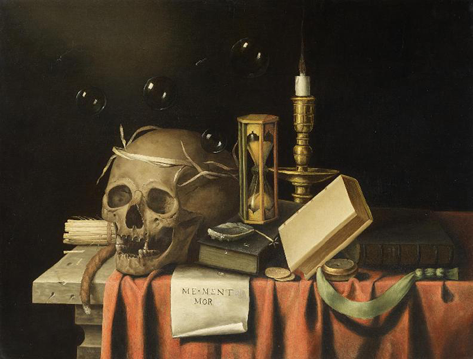 Painting of a skull, hourglass, a candle and books sitting on a table 