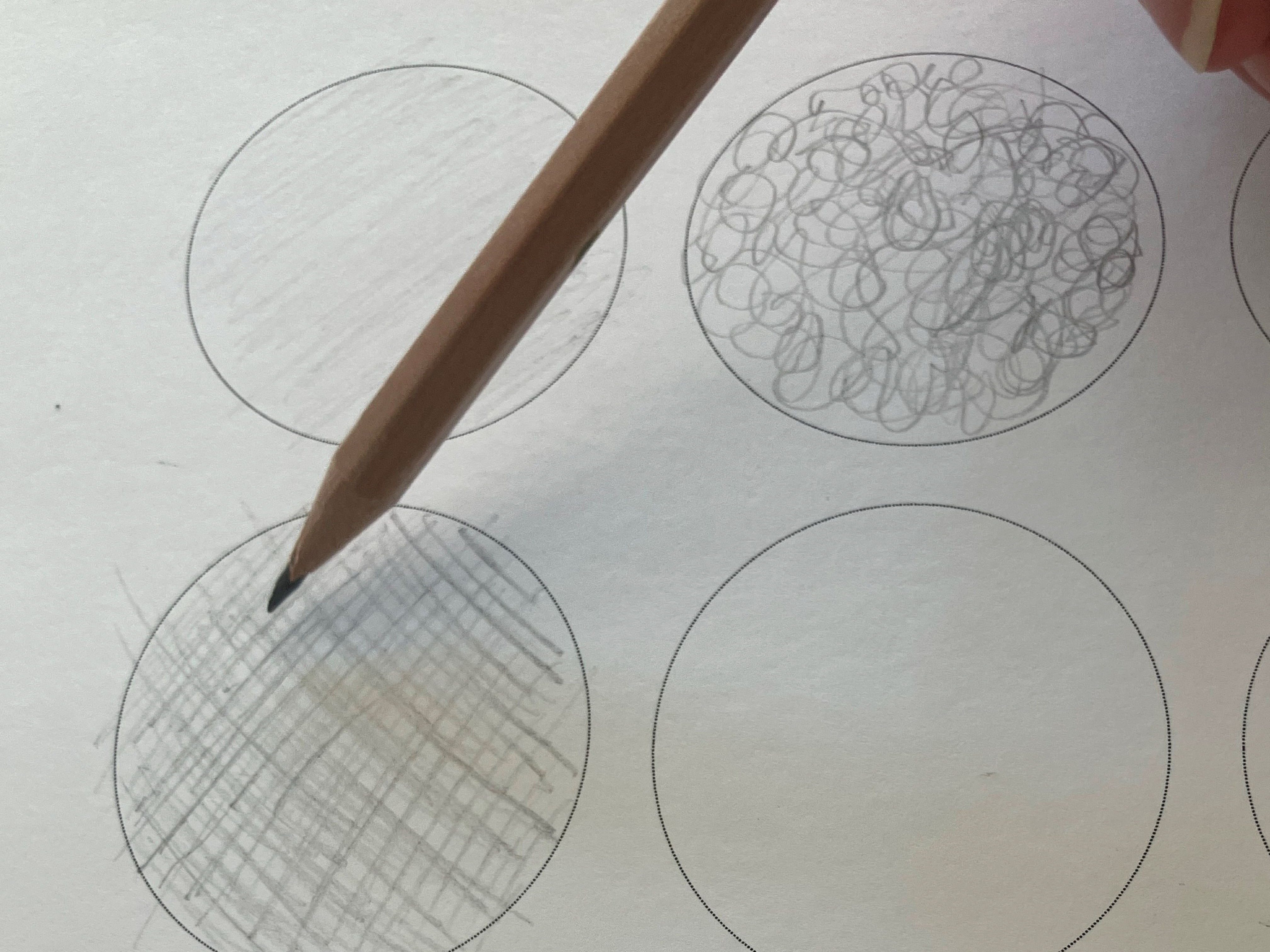 A pencil rests on a white piece of paper that has four separate circles drawn on it. In each of the circles a different