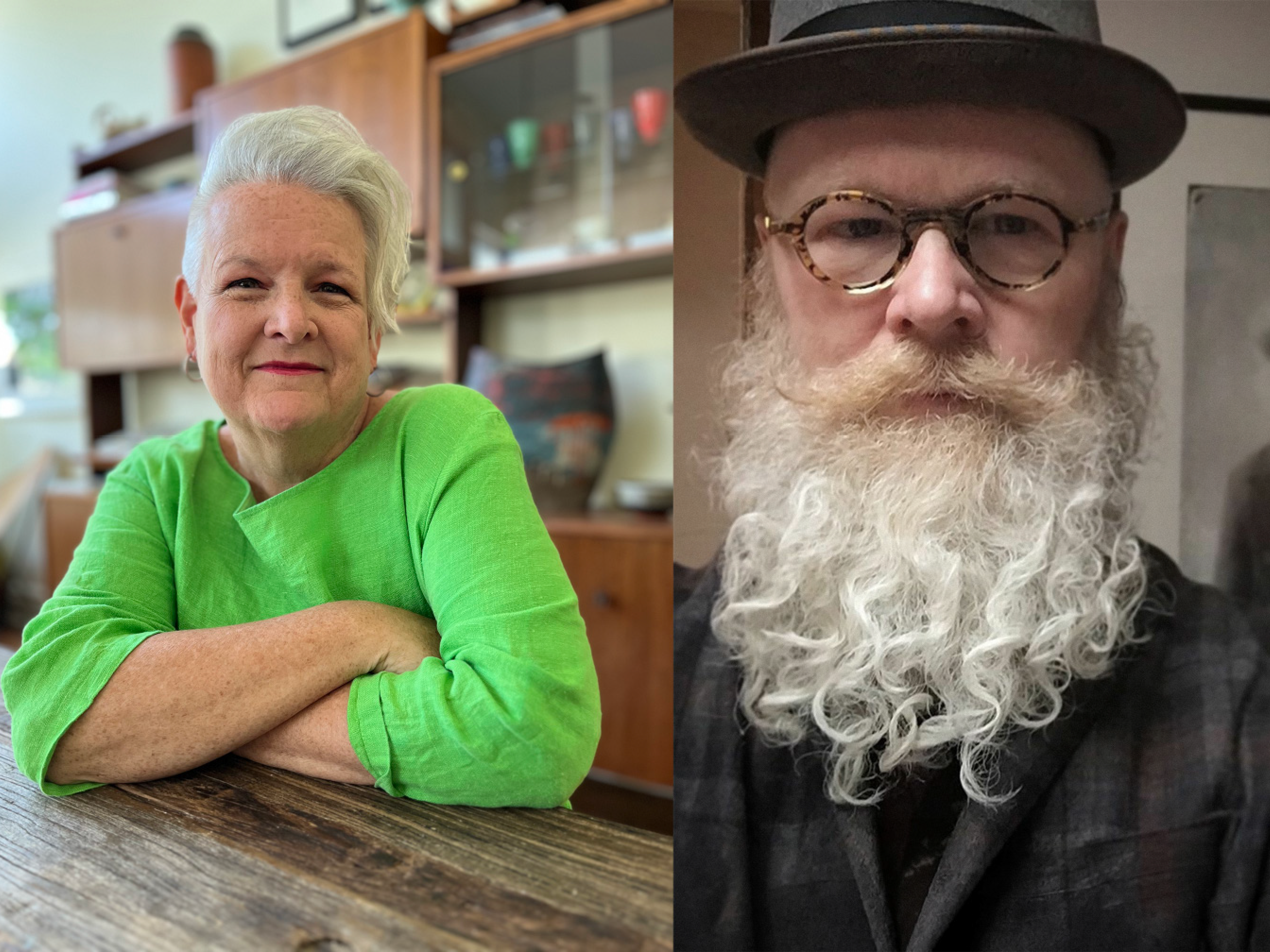 Side-by-side portraits of two artists, one seated at a table and one wearing glasses and a hat.