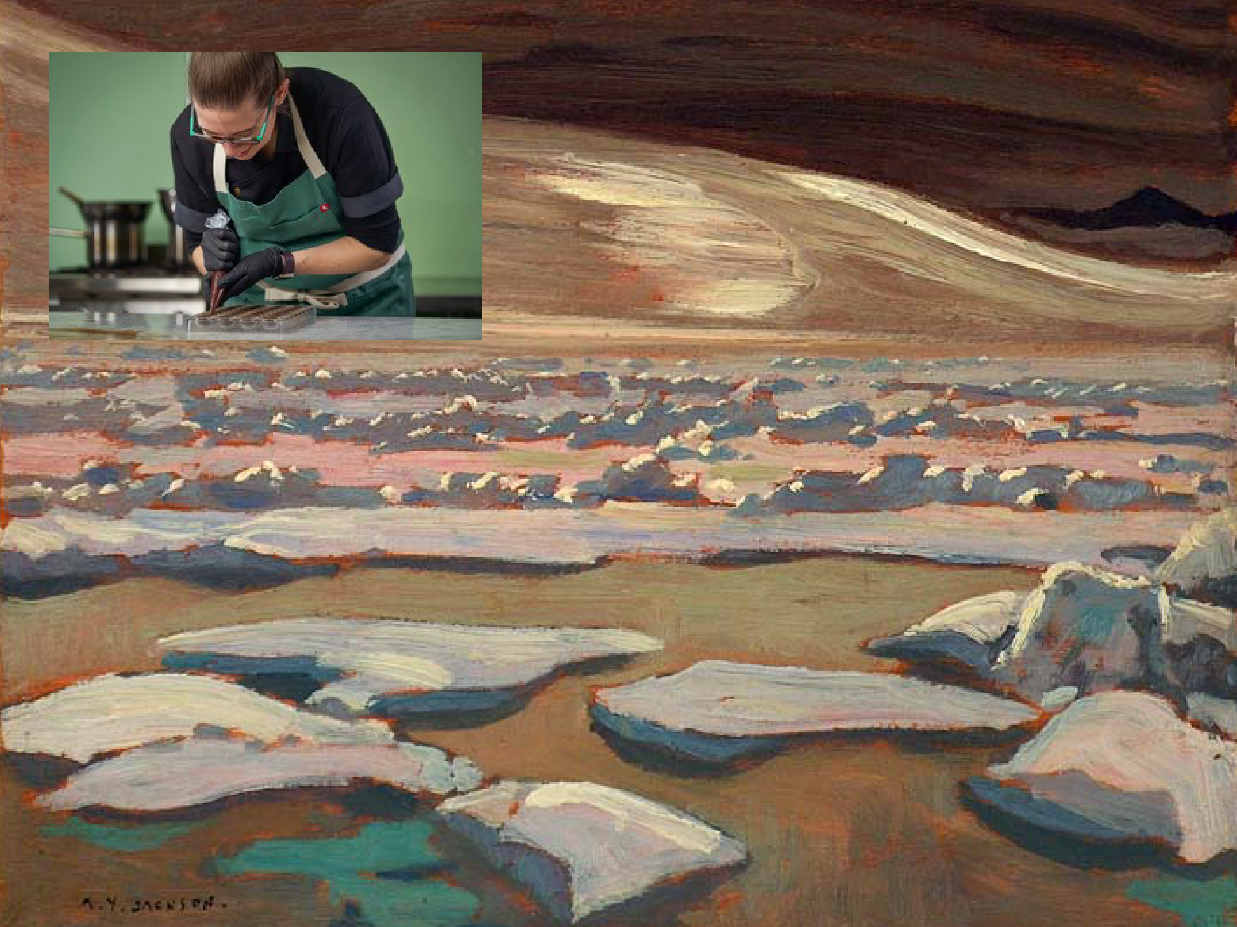 A Group of Seven landscape painting depicting an icy shoreline scattered with ice floes. In the upper left corner a photo of Jaclyn Sanders is seen in an apron and gloves, working on making chocolates.