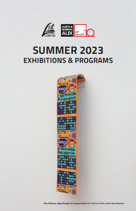 Beaded Bingo card with text overlay Summer 2023 Exhibitions and Programs