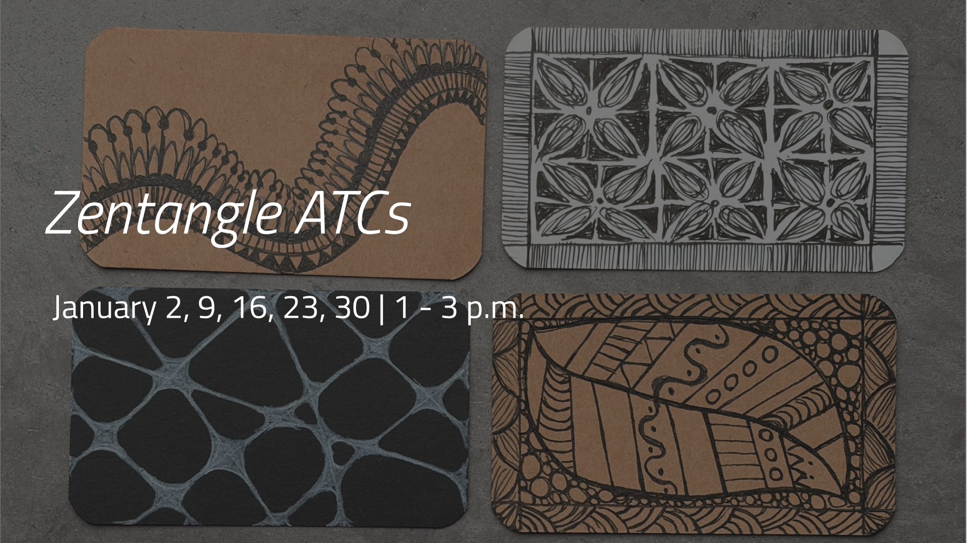 Four artist trading cards featuring intricate black-and-white Zentangle patterns and geometric designs.