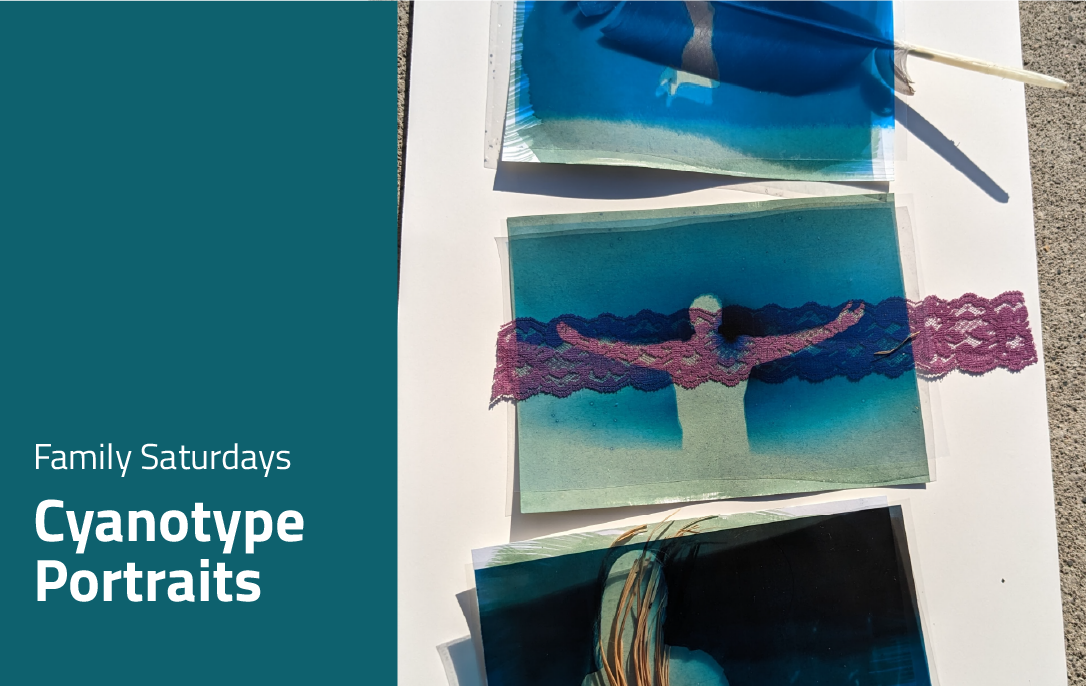 Text overlay Cyanotype Portraits. Blue and purple prints