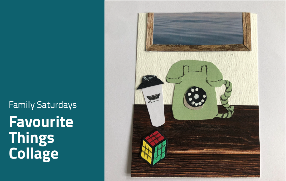 Text Overlay Family Saturdays Favourite Things Collage. Image of a green phone, coffee cup and Rubics cube.