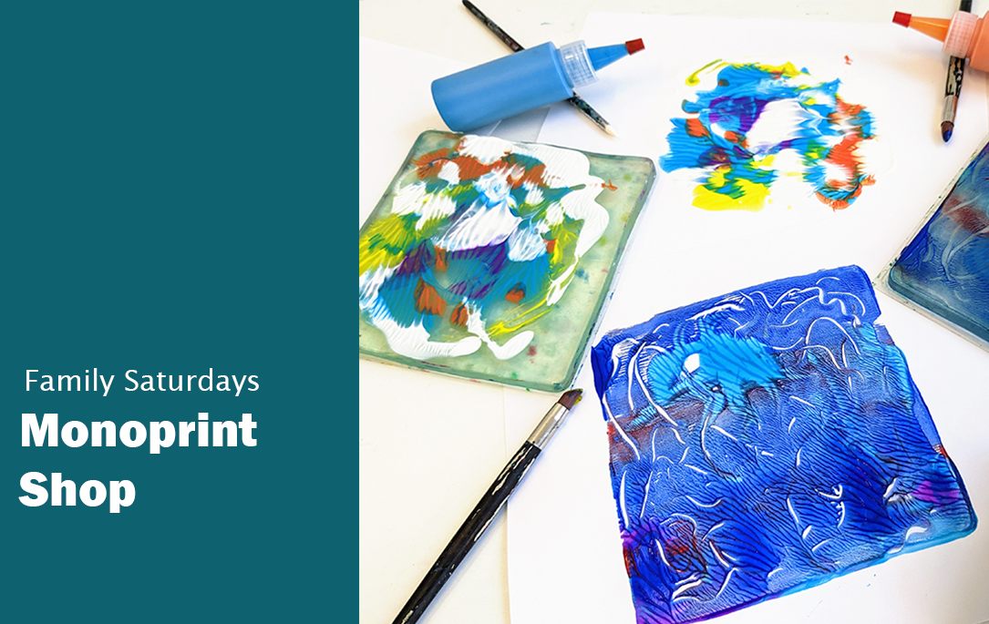 Text Family Saturdays Monoprint shop. Image of colourful abstract paintings and paintbrushes