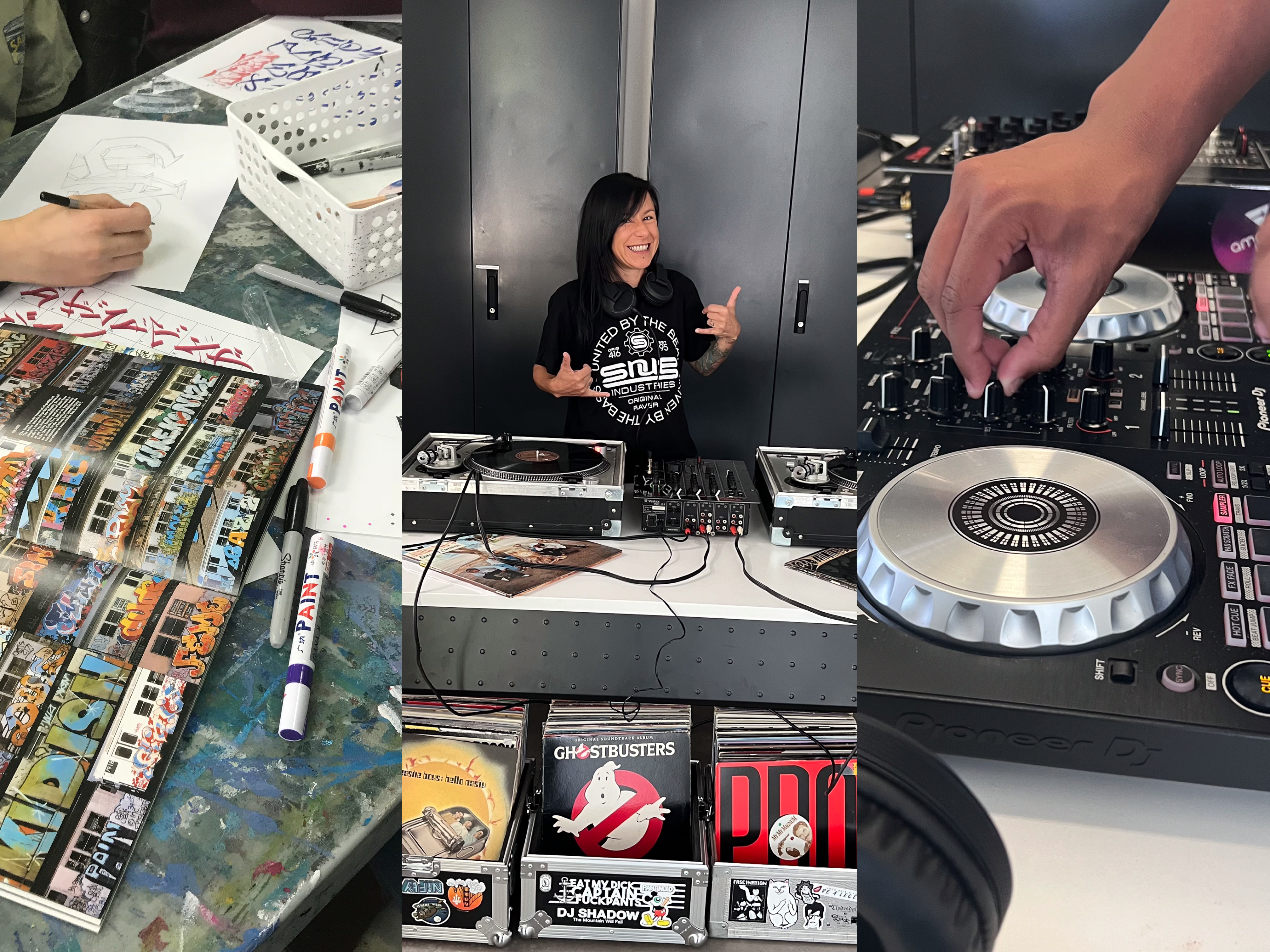 A collage showing graffiti-style drawing, a person at a DJ setup, and a close-up of hands using a DJ controller.