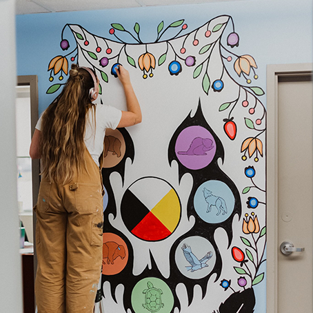 Woman painting colourful flowers on a wall