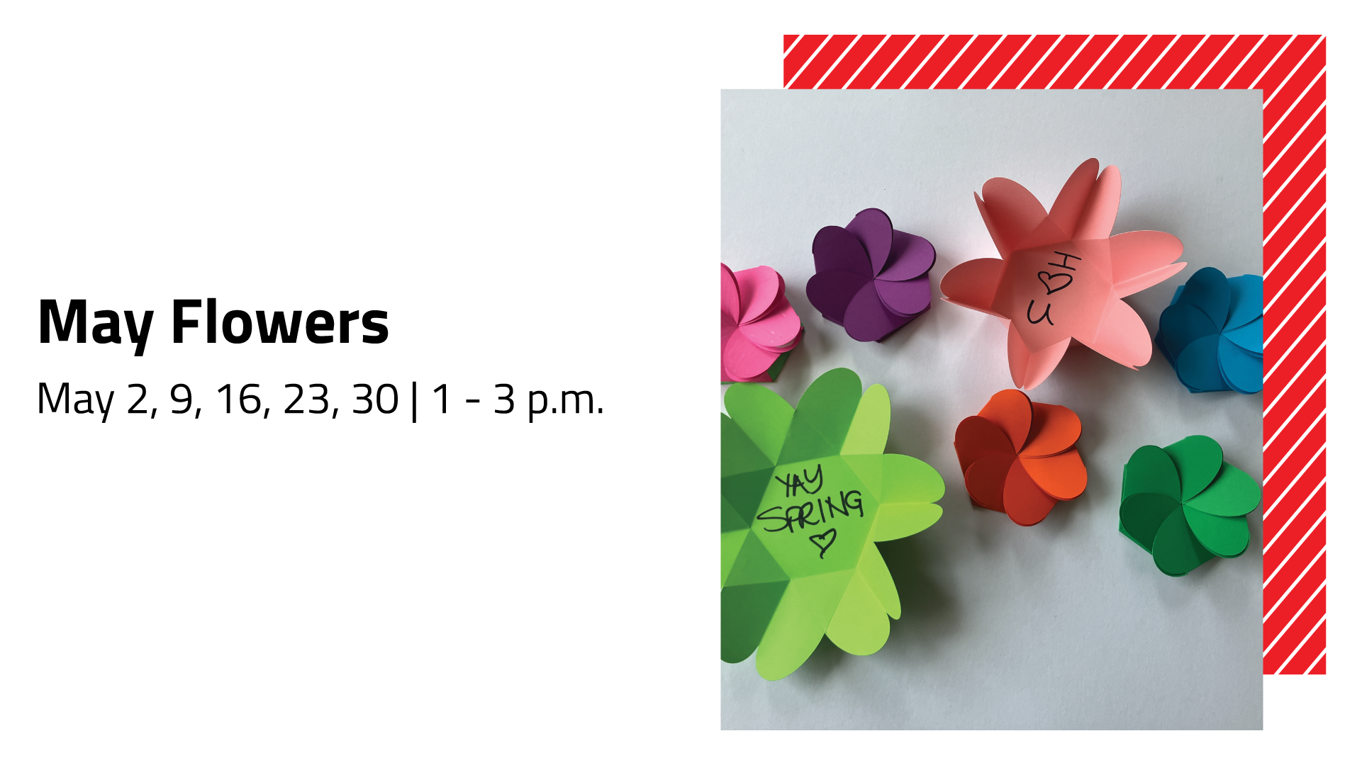 Promo graphic for May's Family Saturday titled May Flowers