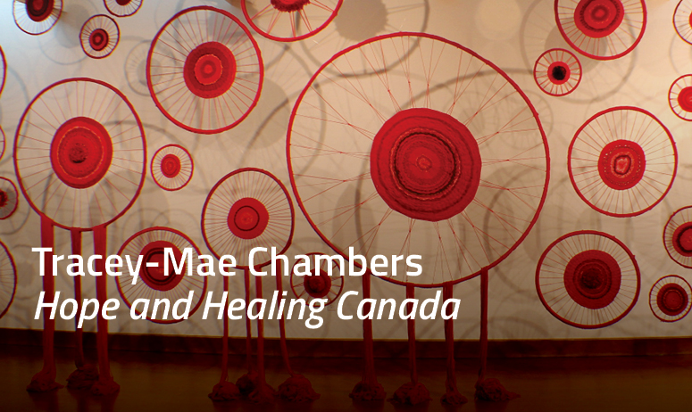 Woven red yarn - Text overlay Tracey-Mae Chambers Hope and Healing Canada
