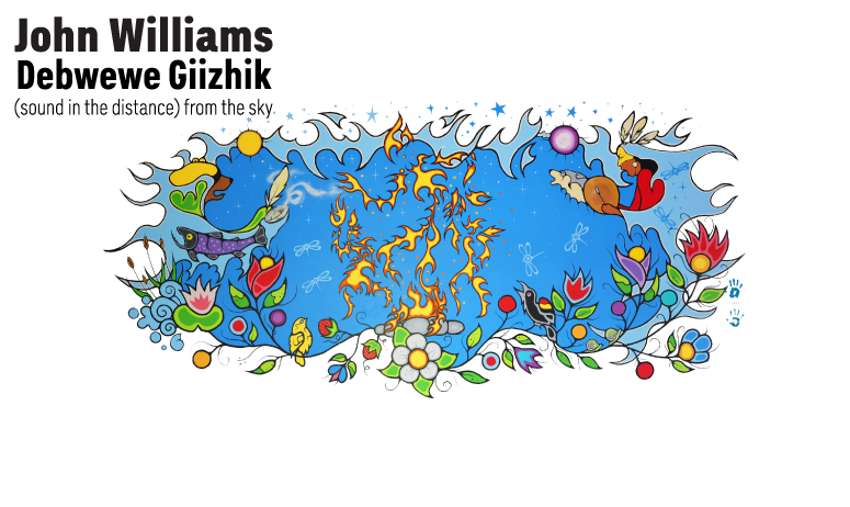 Mural titled "Debwewe Giizhik | (sound in the distance) from the sky" on a white background with the text overlay in the top right corner that reads " John Williams Debwewe Giizhik | (sound in the distance) from the sky"