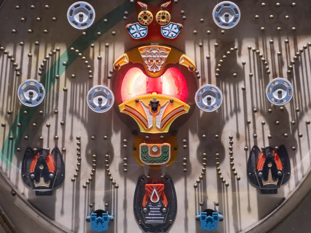 Reva Stone, Pachinko (detail), 2015; mixed media: Pachinko machine, Pachinko balls, Plexi shields, embedded Foxconn computer, HDMI screen, custom software, motor, custom pulley device, Arduino board and rotary encoder