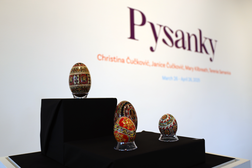 Pysanky on display in exhibition at the Judith & Norman Alix Art Gallery.